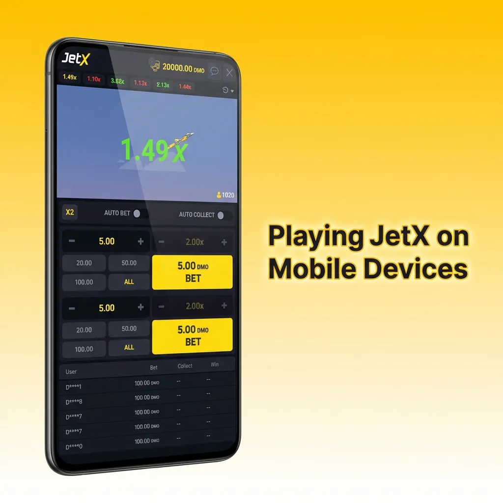 JetX mobile gameplay showing HTML5 interface with cash-out buttons, statistics panel, and touch controls on smartphone