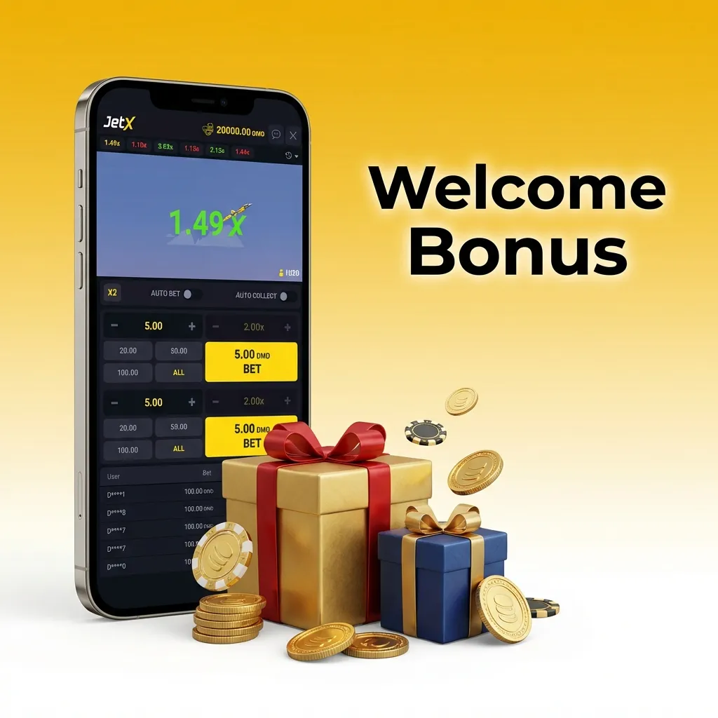 Casino welcome bonus promotion showing matched deposit percentage for JetX game with multiplier strategy testing